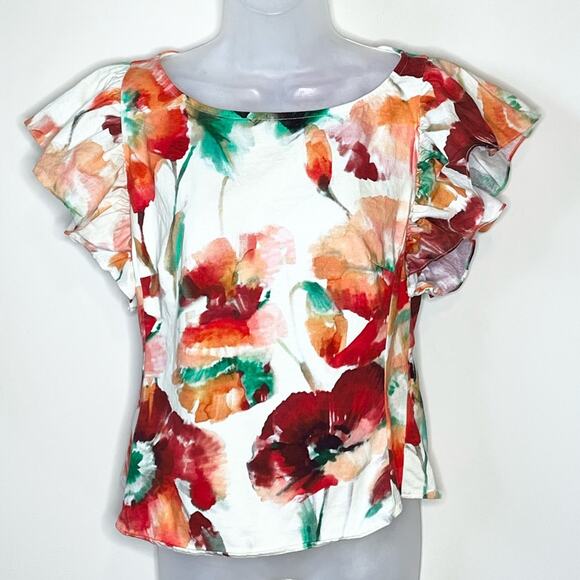 EVA FRANCO Bonnie Top Wild Poppies Print Cotton Floral Ruffle Detail Size Small - Picture 2 of 5